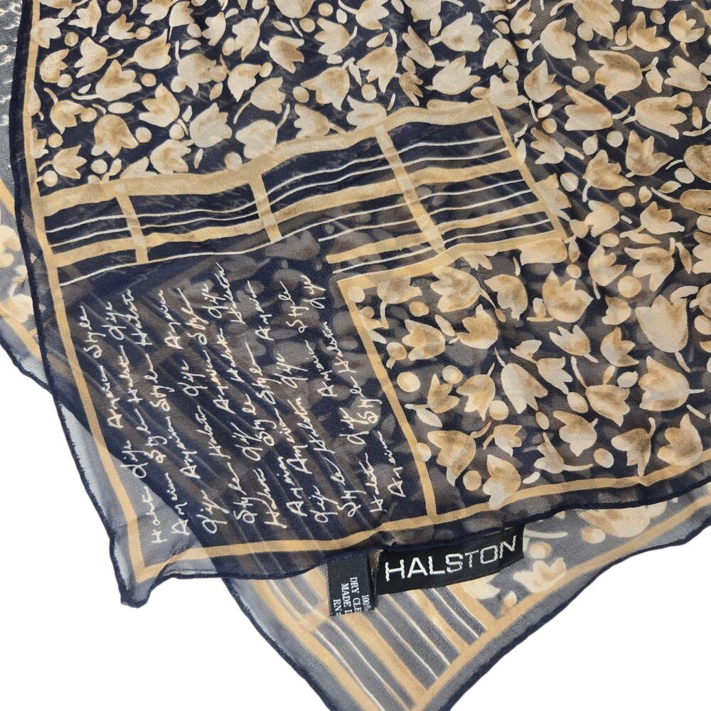 Vintage Halston Silk Scarf Floral Writing American Style Halston Life 20.5x19"
